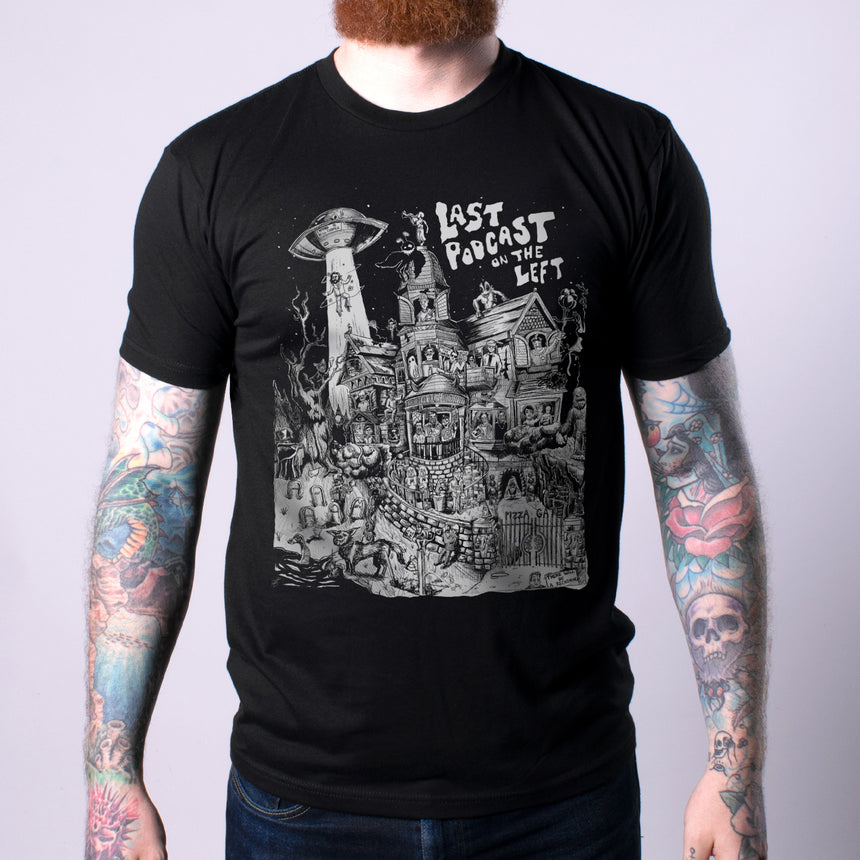 mens haunted house tee white graphic on black tee