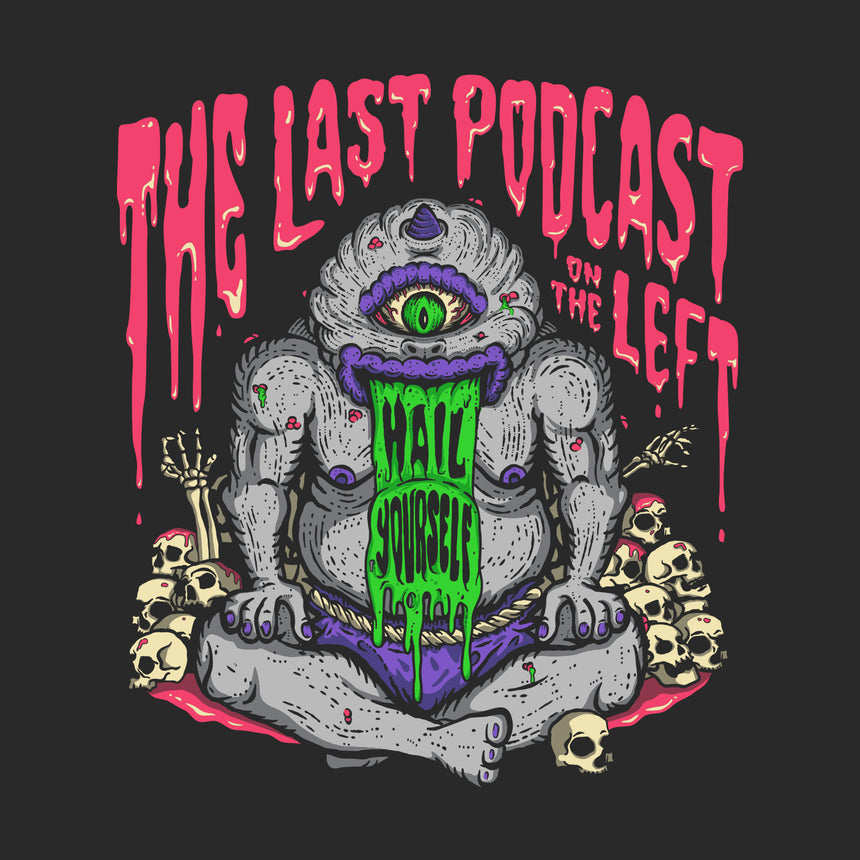 Man in tshirt with graphic featuring the last podcast on the left text and cyclops with hail yourself
