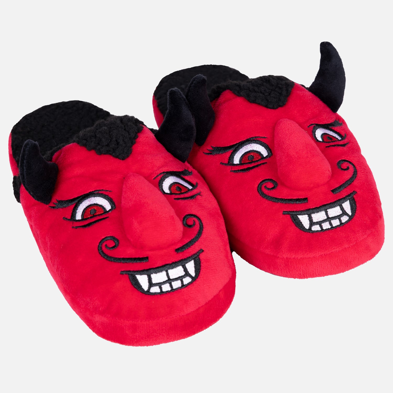 Red and black slippers with devils face and horns