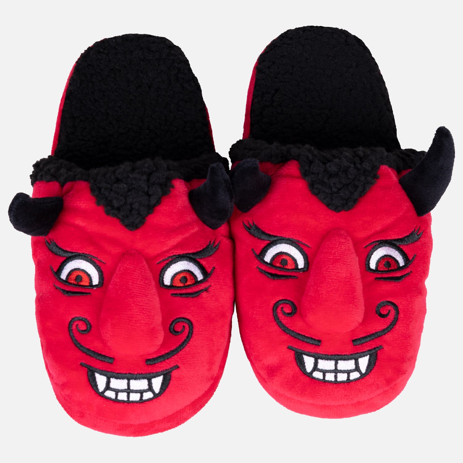 red and black slippers with devils face and horns