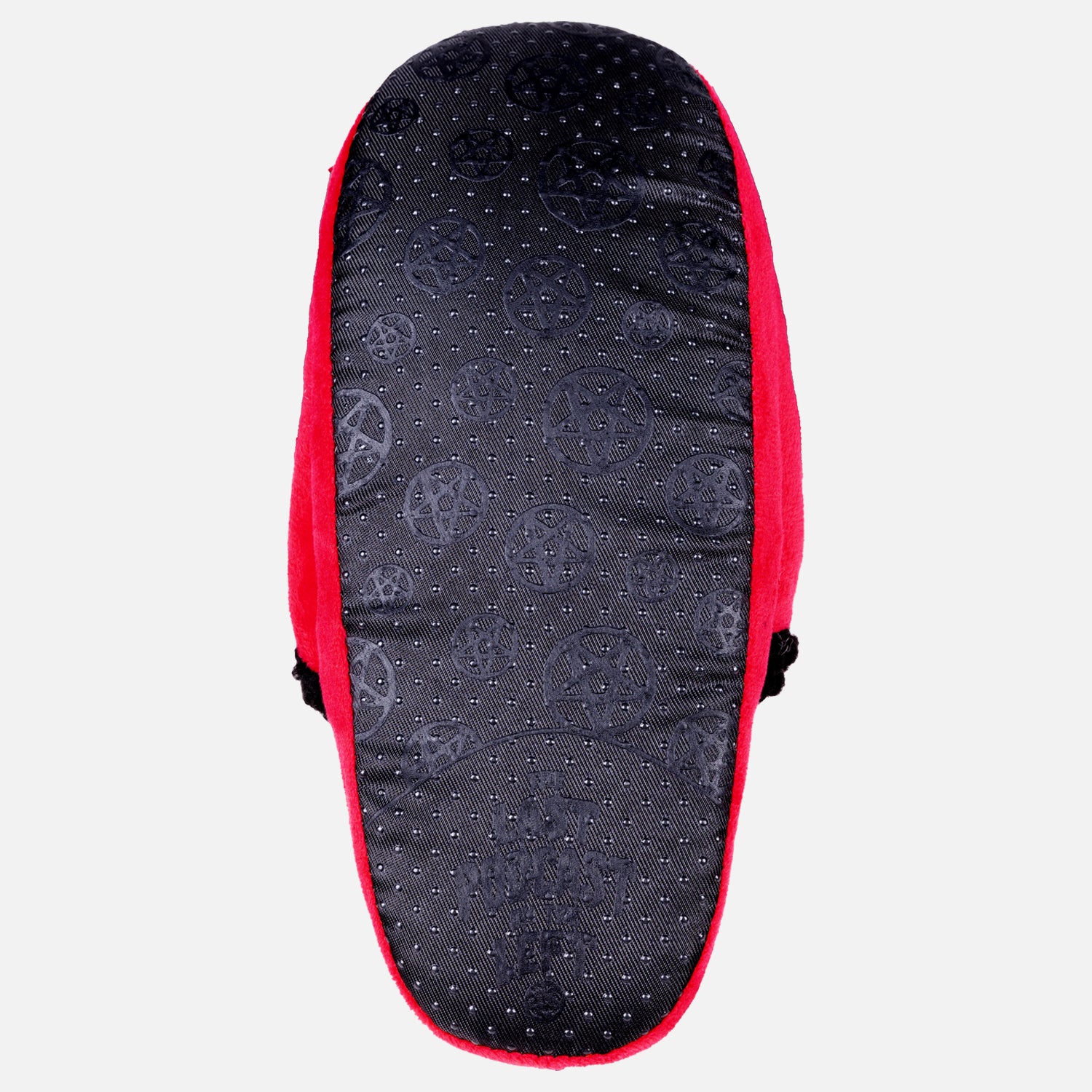 underside of red and black slipper showing black bottom with pentagram print