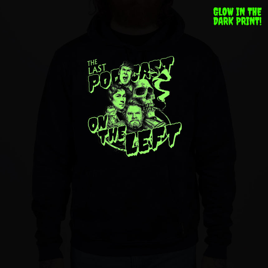 woman in purple crumple dye hoodie with glow in the dark classic LPOTL logo on the front