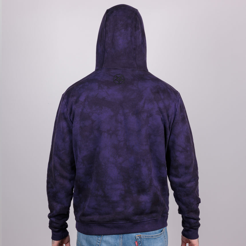 woman in purple crumple dye hoodie with glow in the dark classic LPOTL logo on the front