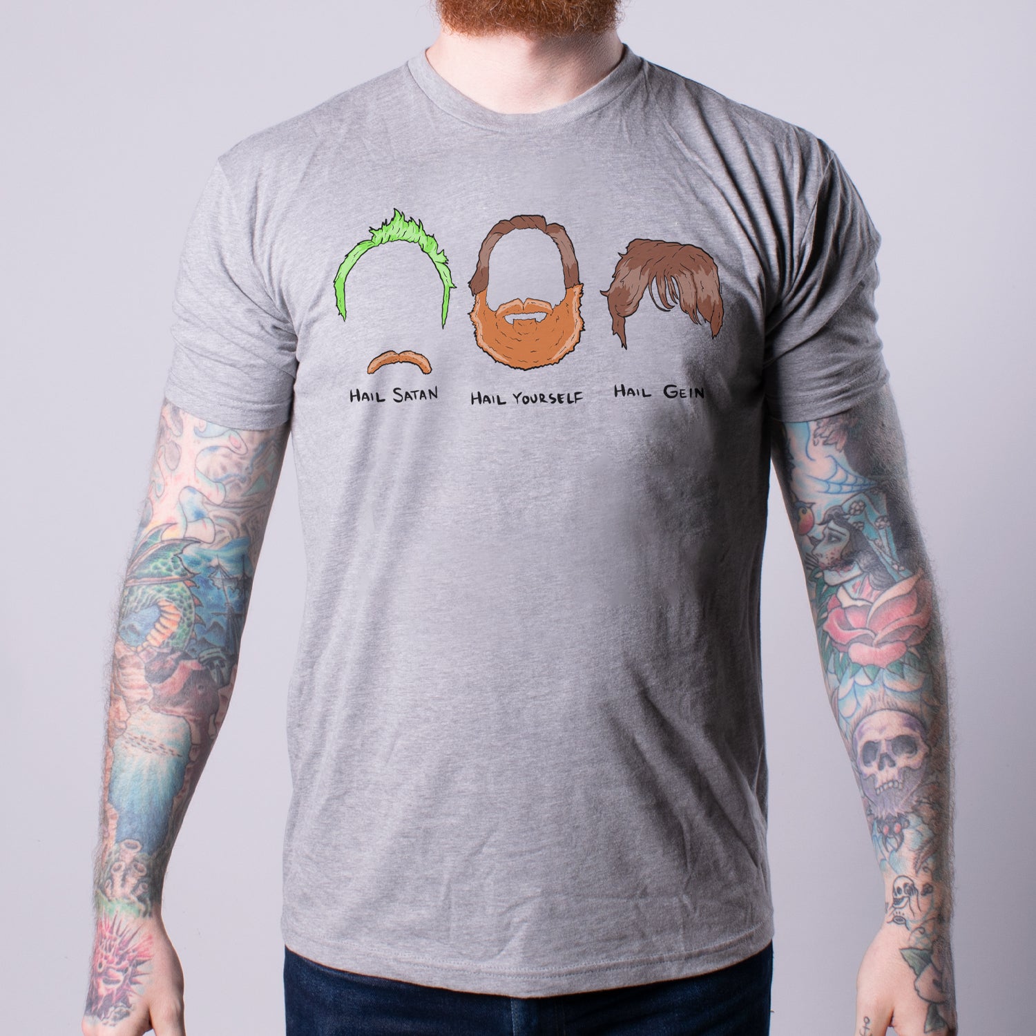 mens hair tee, 3 hair styles with text below, hail satan, hail yourself, hail Gein