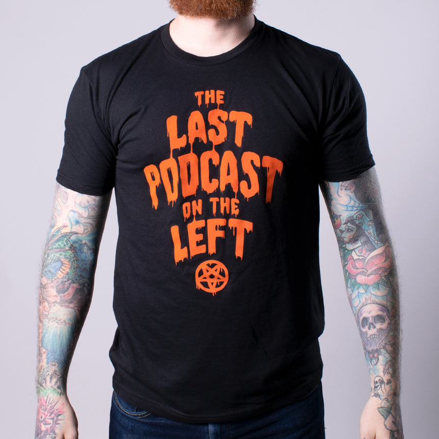 Hemoglobin Logo Men's Tee showing orange the last podcast on the left text