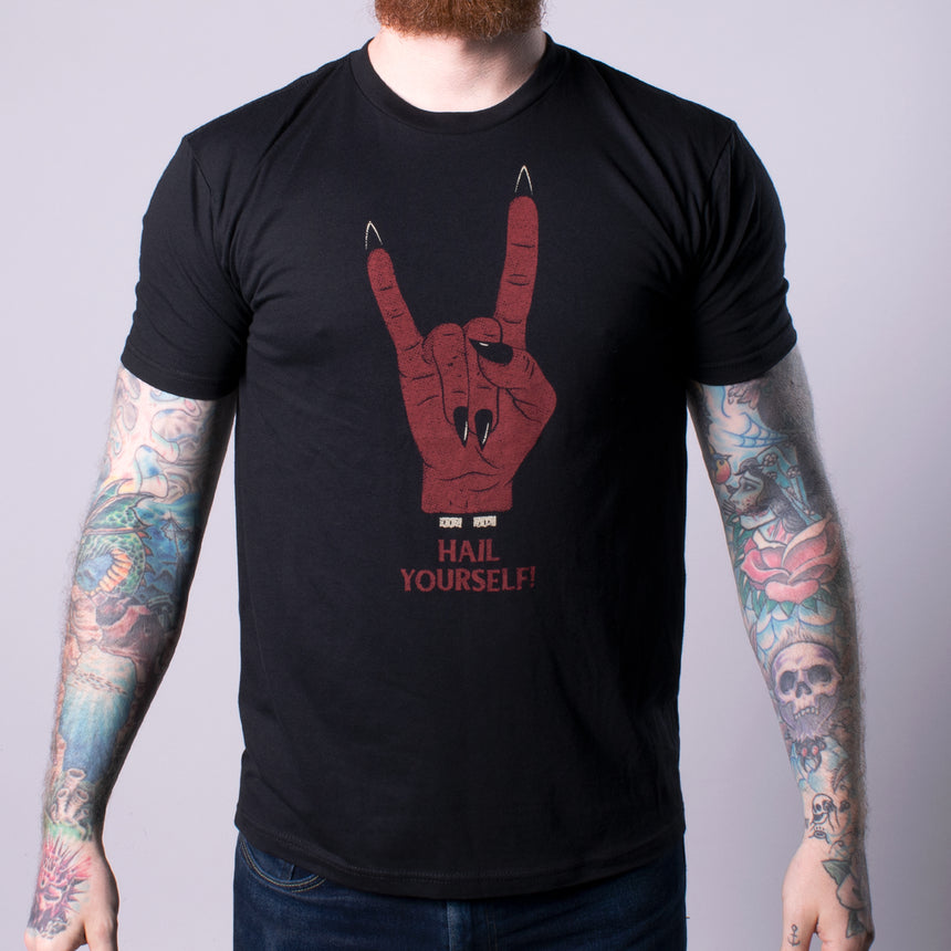 Hail Yourself Men's Tee front with hand making devil horns graphic