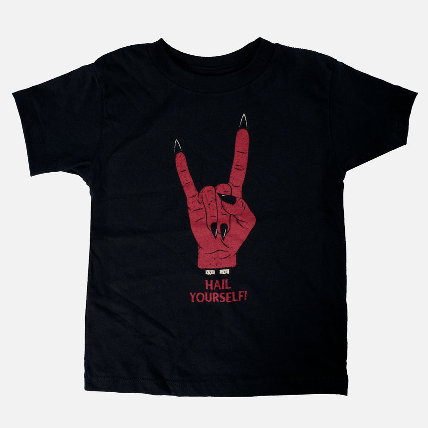 Hail Yourself Toddler Tee front with hand making devil horns graphic