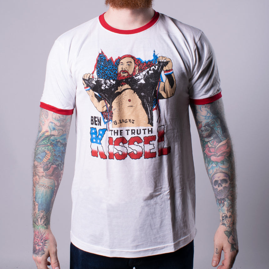 Kissel Ringer white tee with red trim with graphic on front