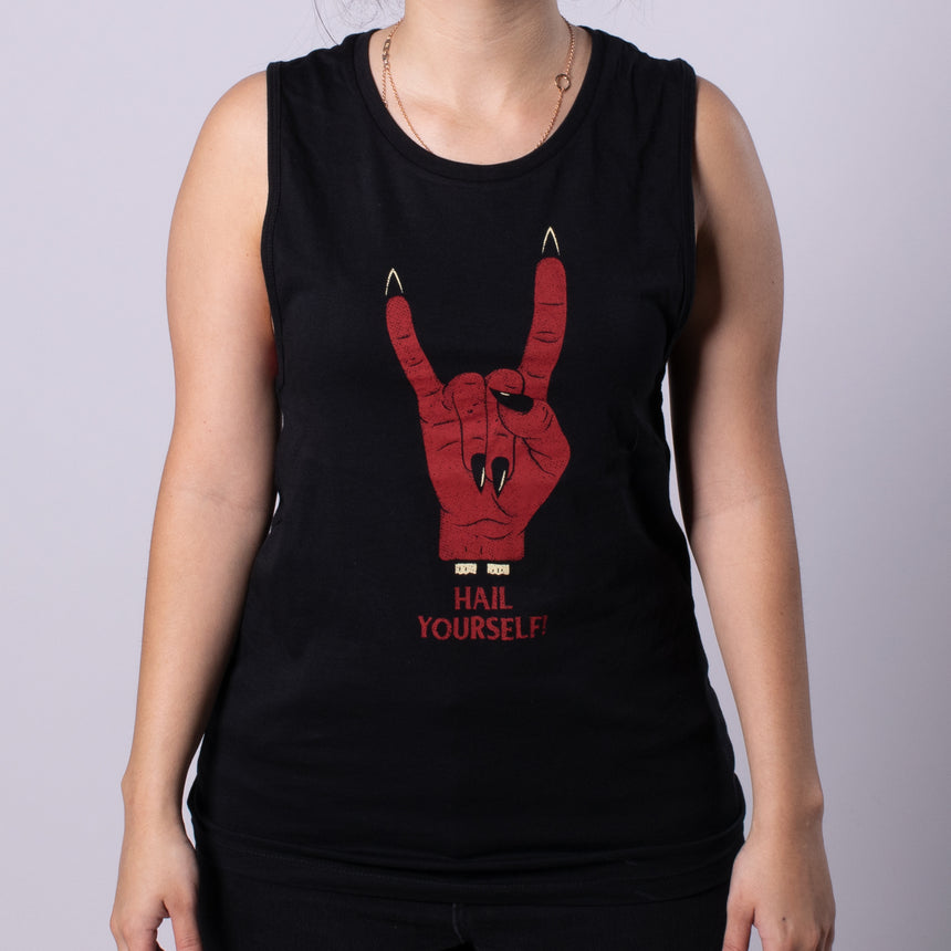 Hail Yourself Women's Jersey Muscle Tank front featuring hands making devil horn graphic