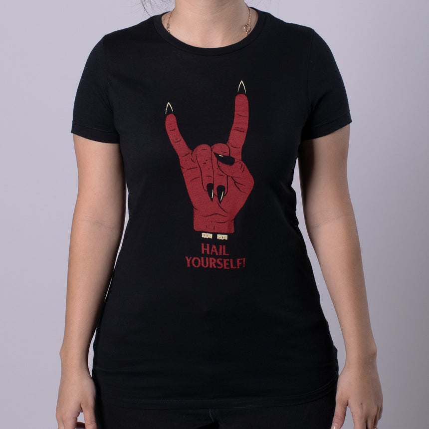 front view of black shirt with red hand graphic making horns sign and hail yourself! text