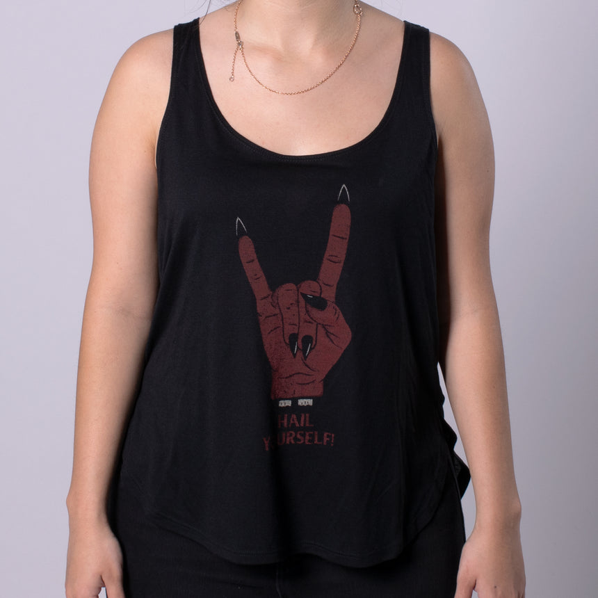 Hail Yourself Women's Flowy Side Slit Tank front showing hand making devil horns graphic