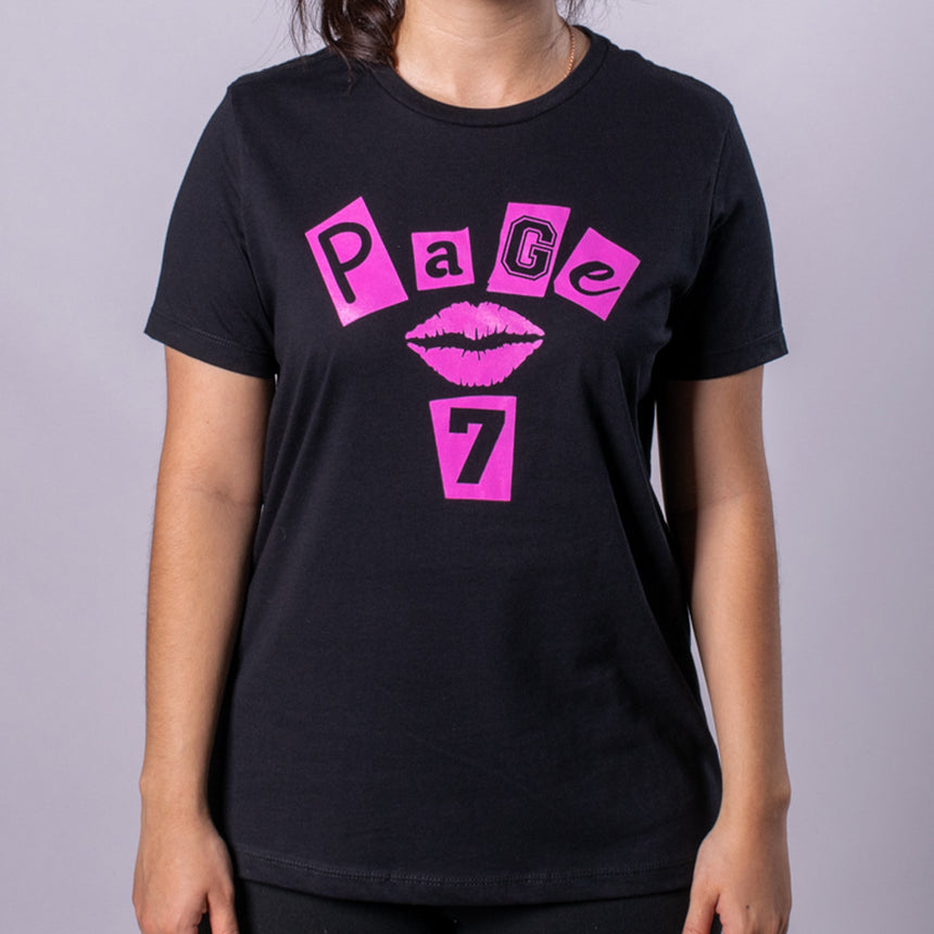 Page 7 Burn Book Women's Relaxed Tee front black with pink text