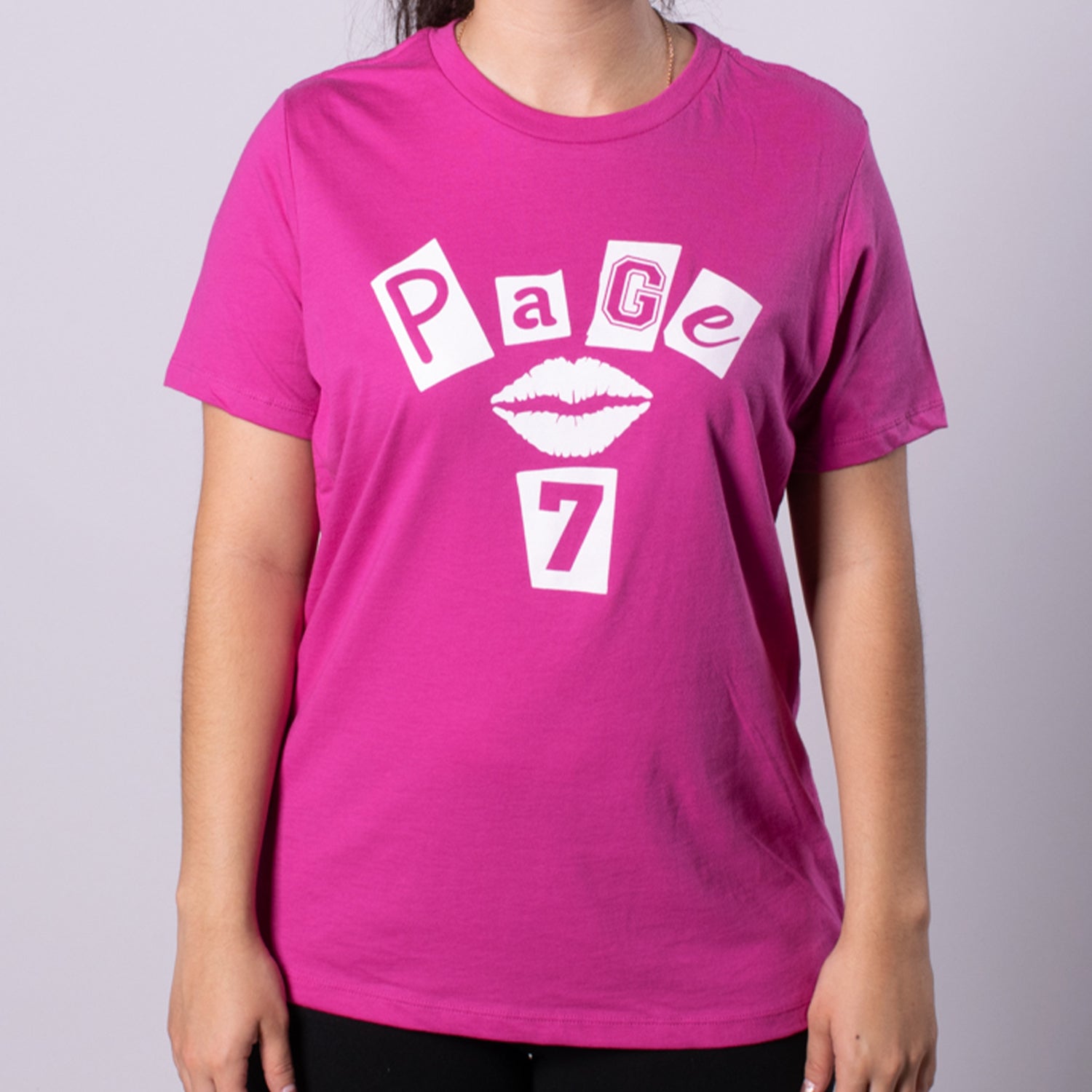 Page 7 Burn Book Women's Relaxed Tee Front Berry with white graphic