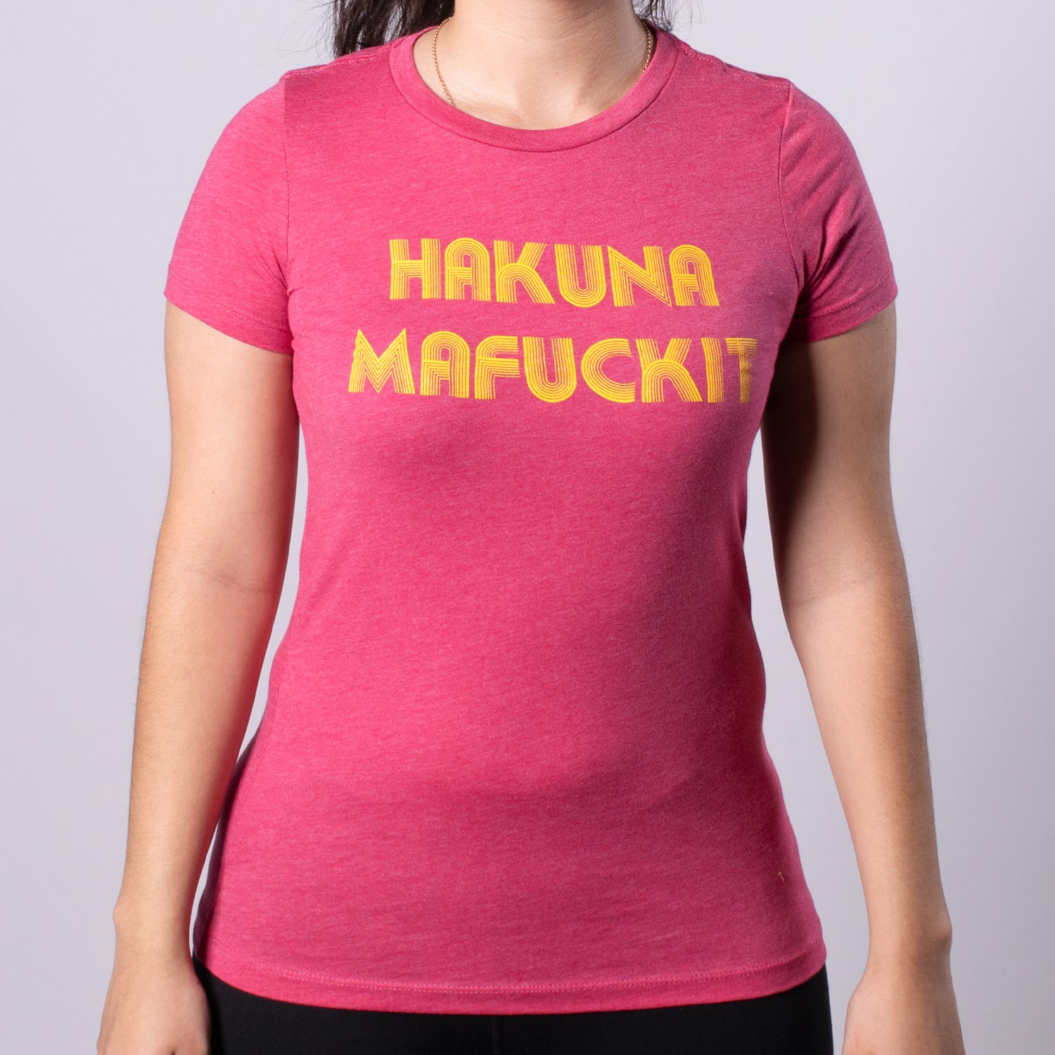 Page 7 Hakuna Mafuckit Women's Favorite Tee front Raspberry with yellow text
