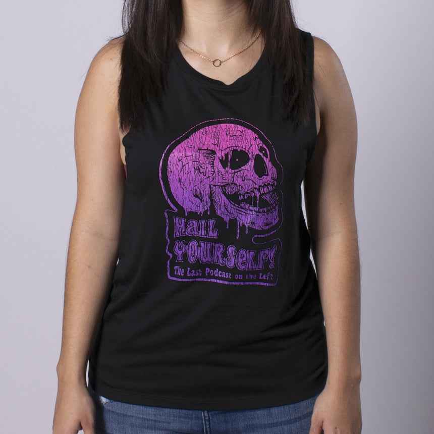Dripping Skull Women's Flowy Muscle Tank purple graphic on black shirt
