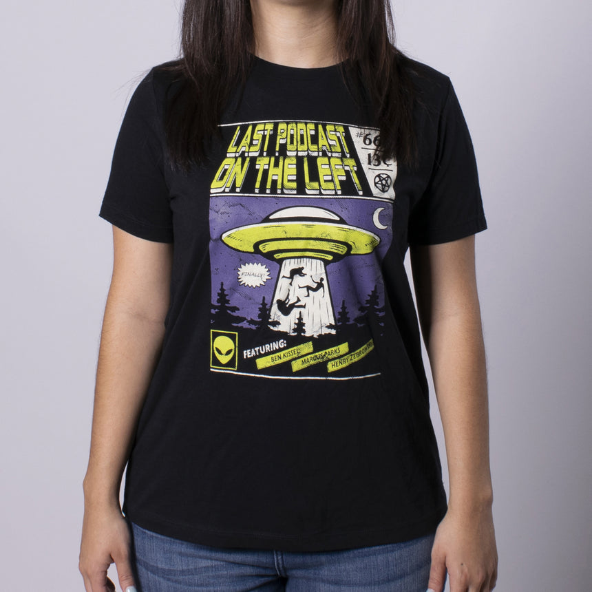 Abduction womens relaxed tee front featuring graphic of alien ship abducting people