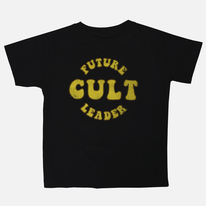 Future Cult Leader Toddler Tee with yellow text on black shirt