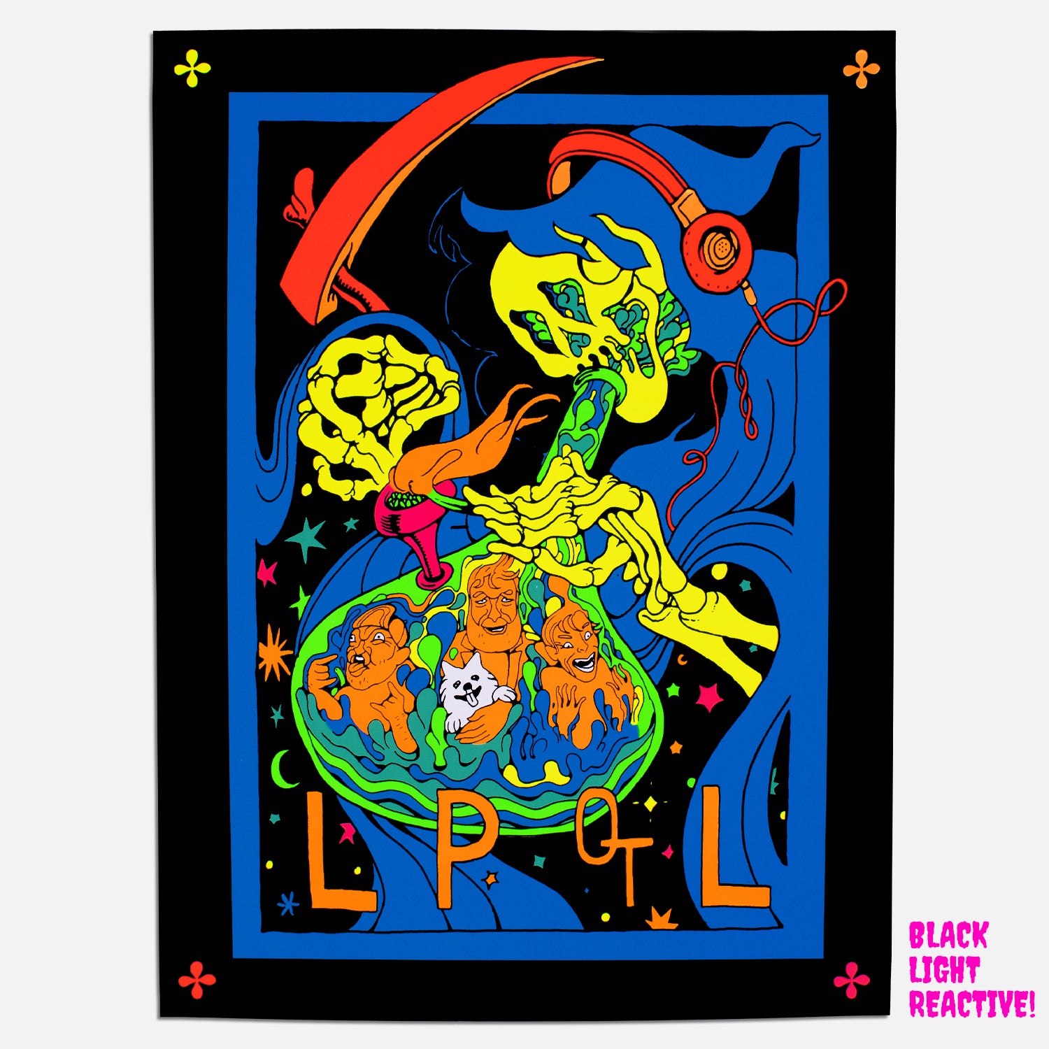 poster featuring skeleton using waterpipe with LPOTL text