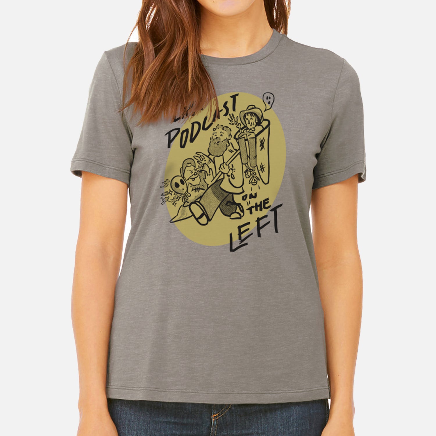 Hobo Women's Tee with hobo graphic and last podcast on the left text
