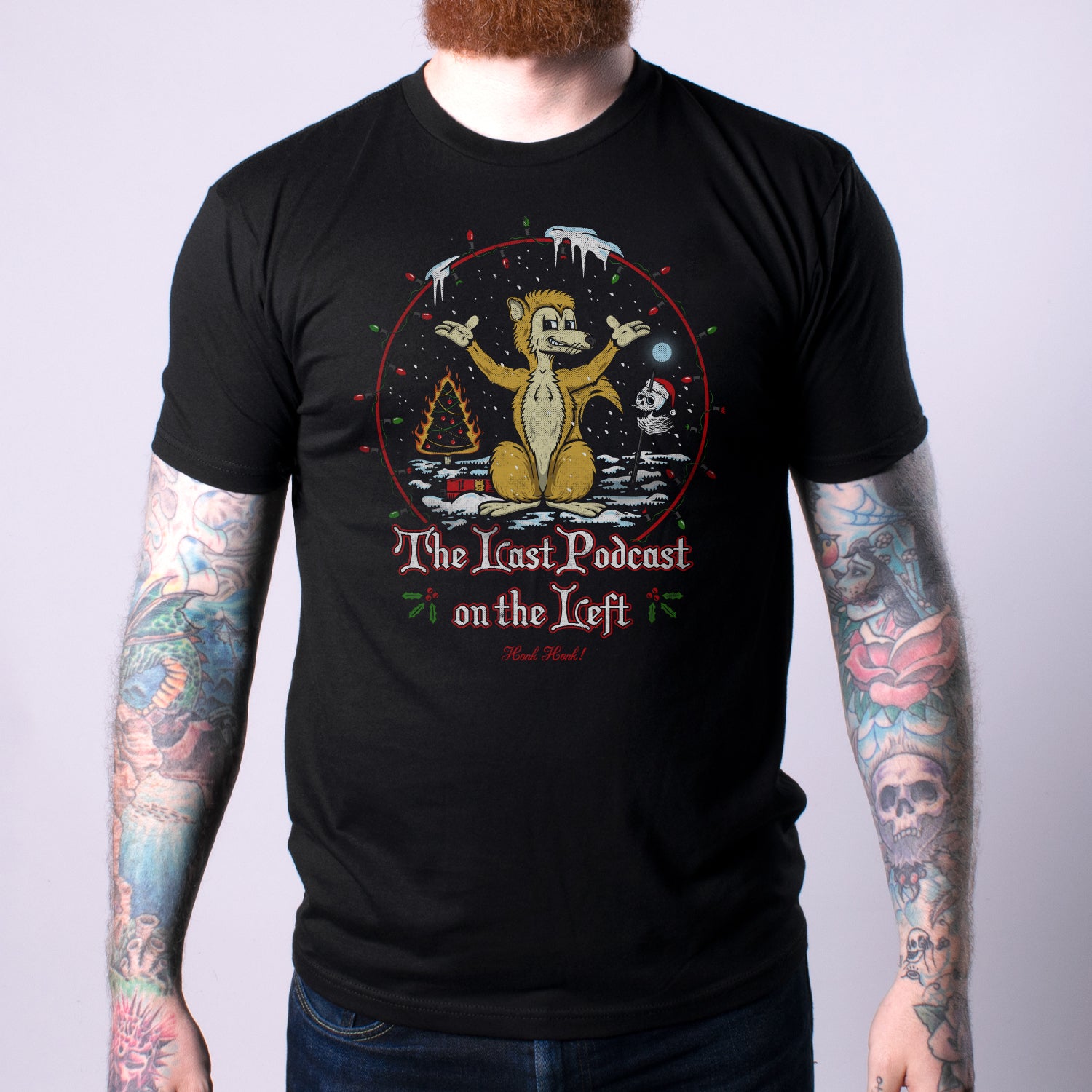 Gef's War On Christmas Men's Tee front featuring the last podcast on the left text