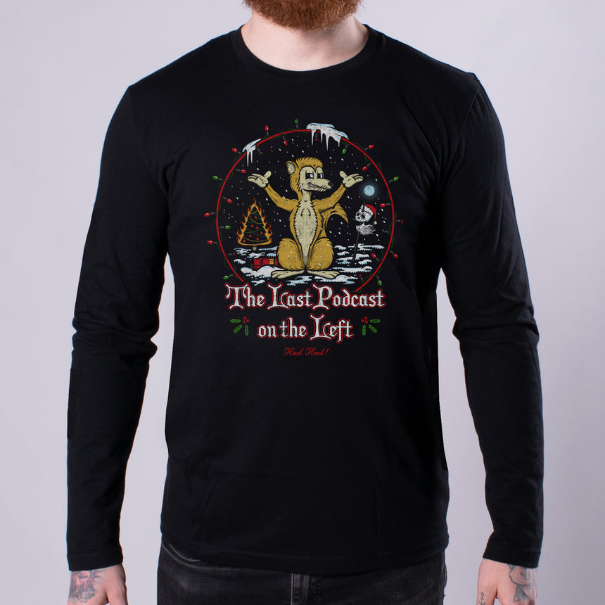 Gef's War On Christmas Longsleeve Tee front featuring graphic with the last podcast on the left text