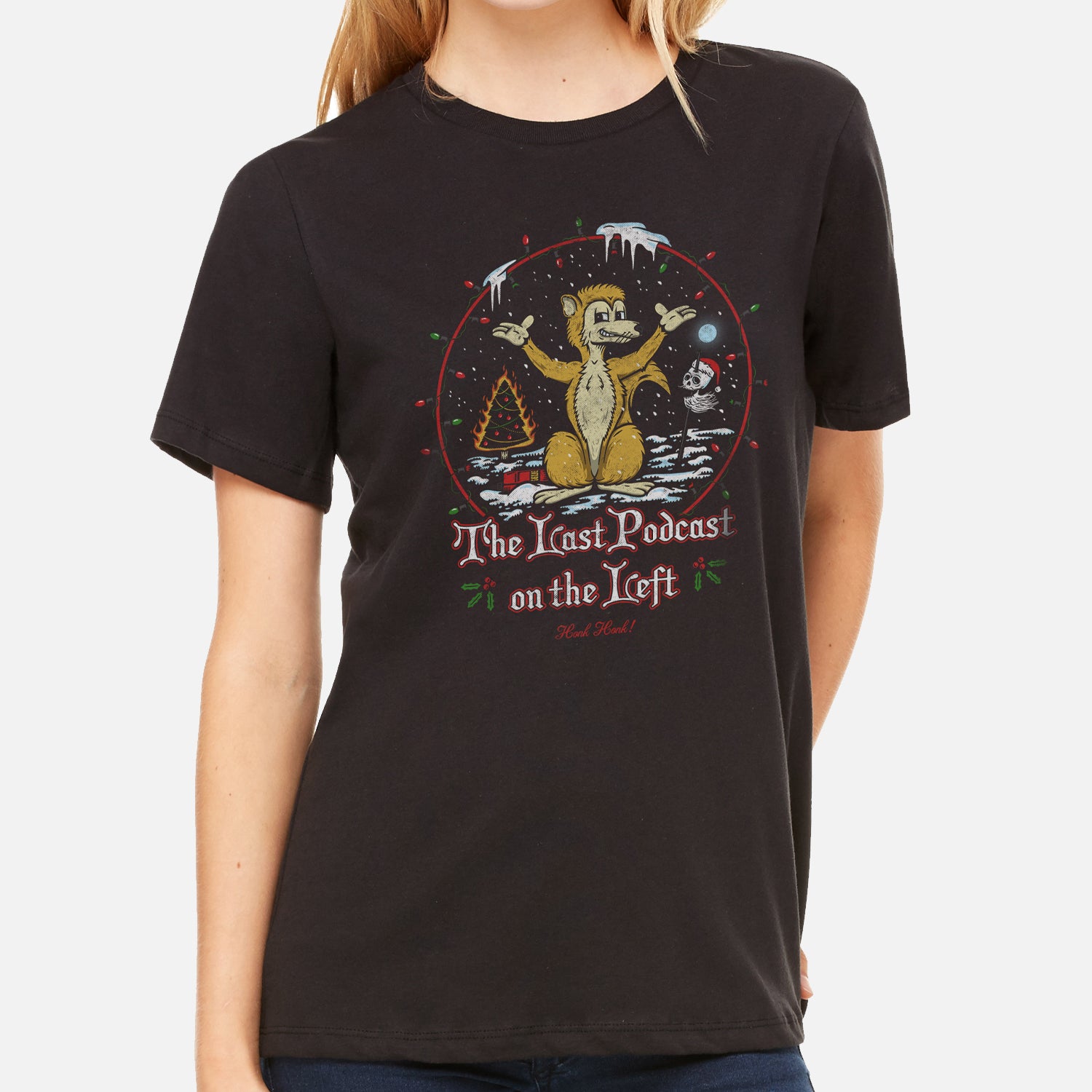 Gef's War On Christmas Women's Relaxed Tee front with the last podcast on the left text