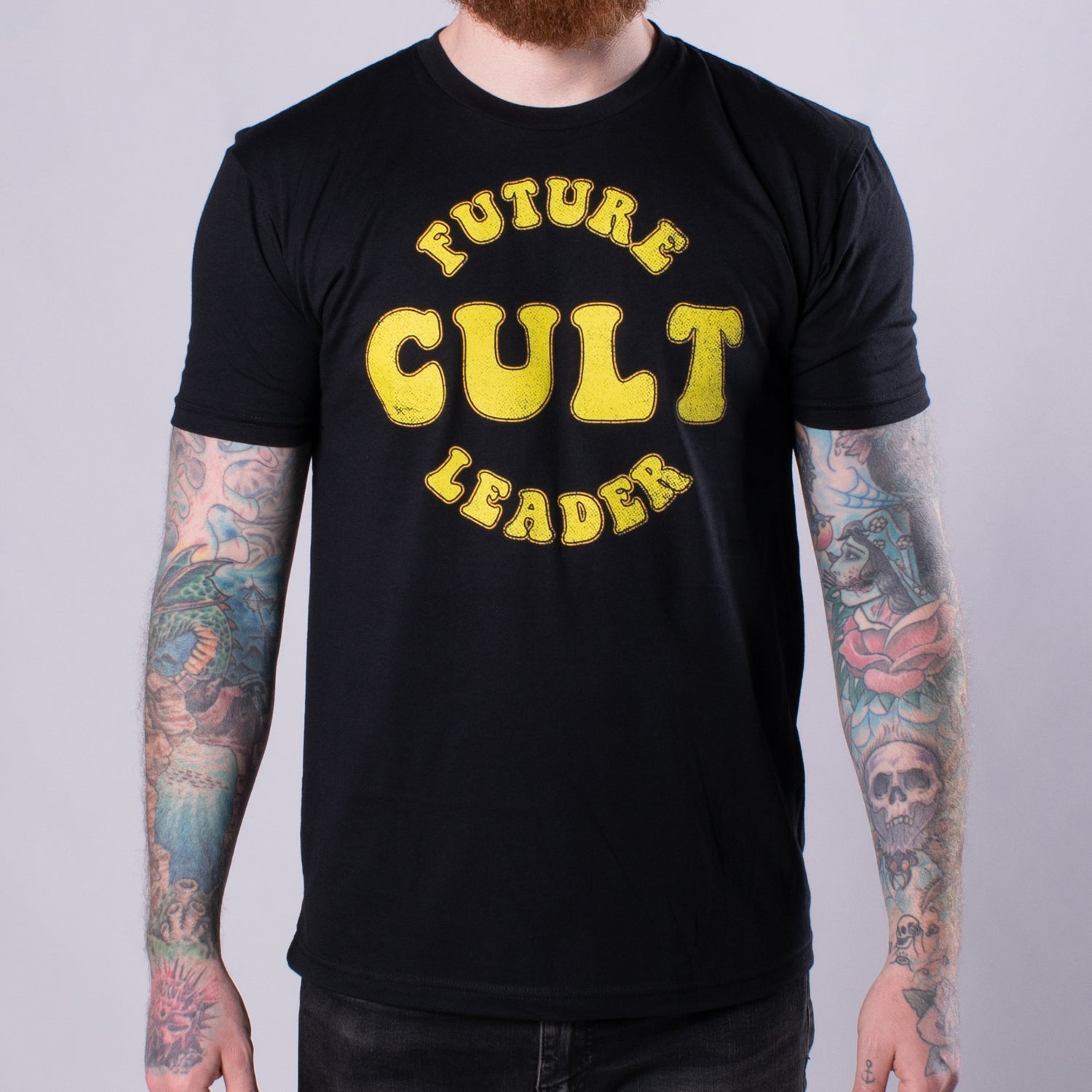 tshirt with future cult leader text in yellow on black shirt