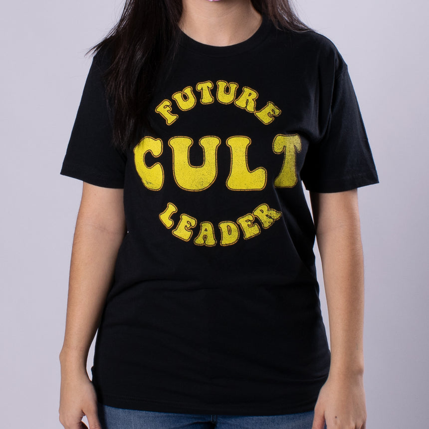 tshirt with future cult leader text in yellow on black shirt
