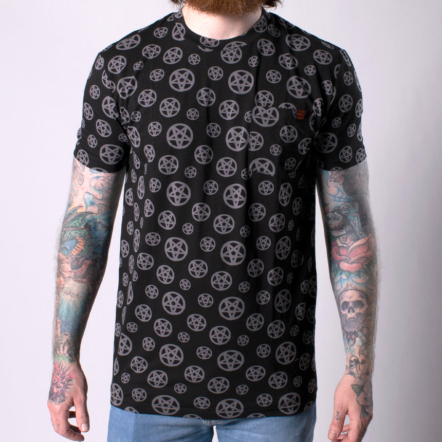 man in black pocket shirt with pentagram print