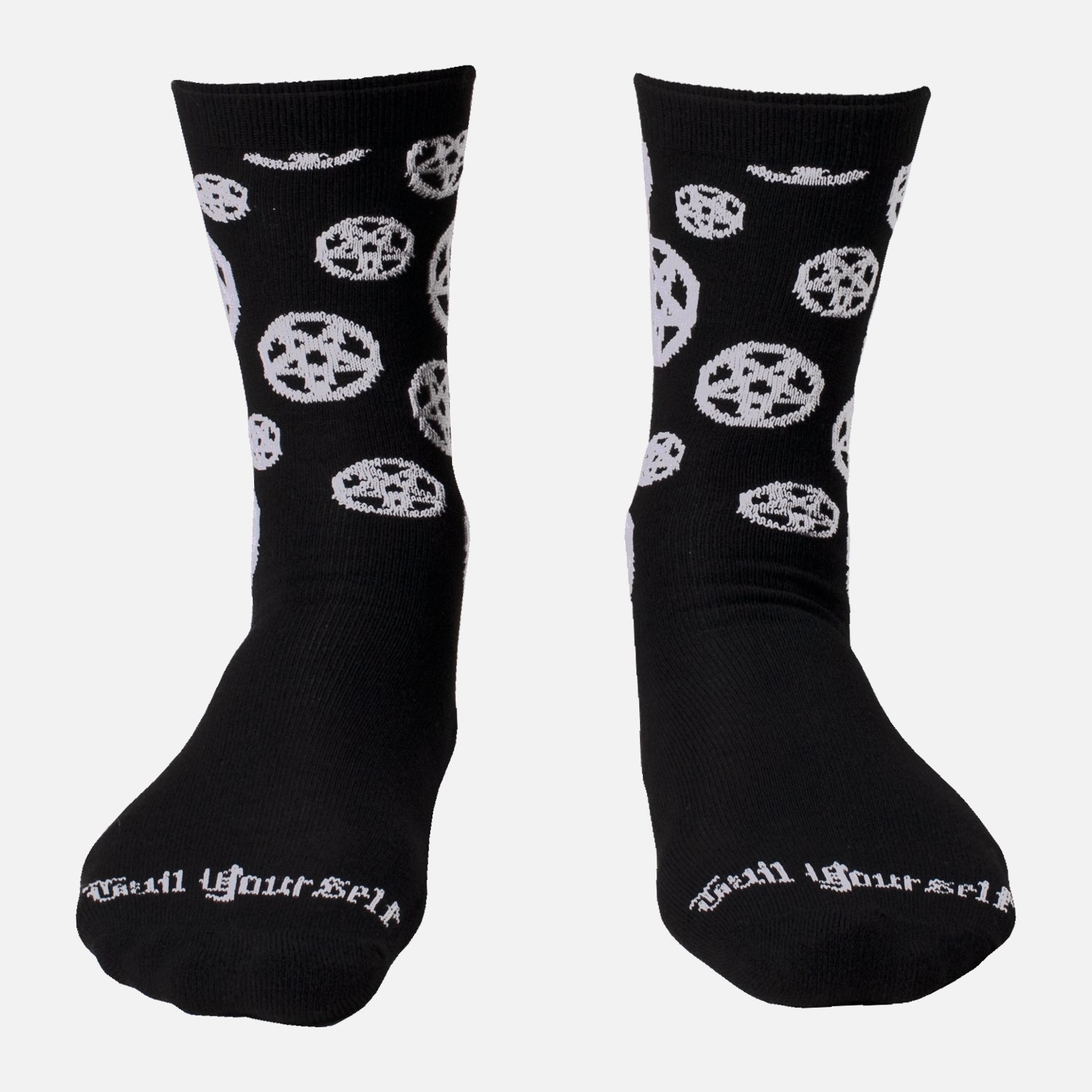 front view of Glow in the dark black socks with white glow in the dark pentagrams on ankle and hail yourself on toes