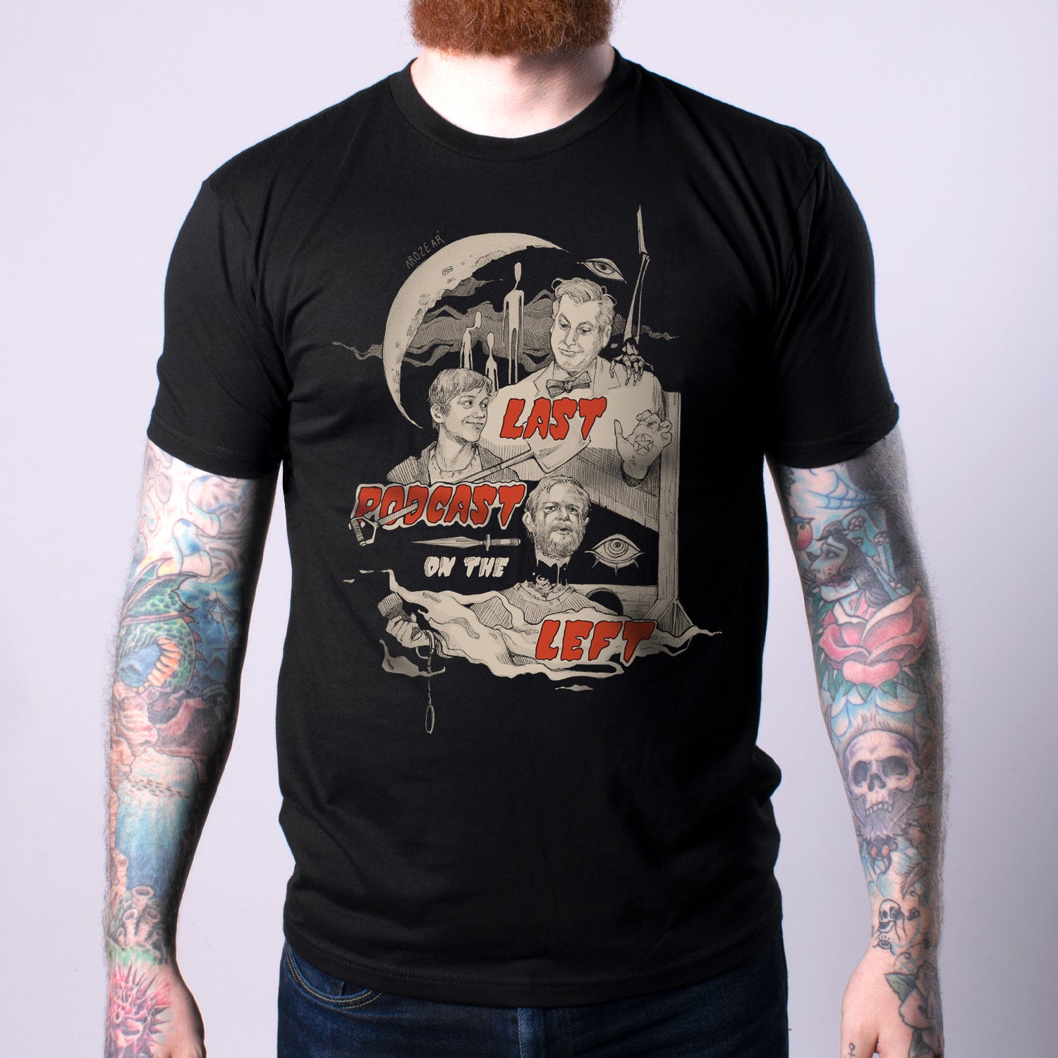 Guillotine Men's Tee front with red and white graphic on black tee