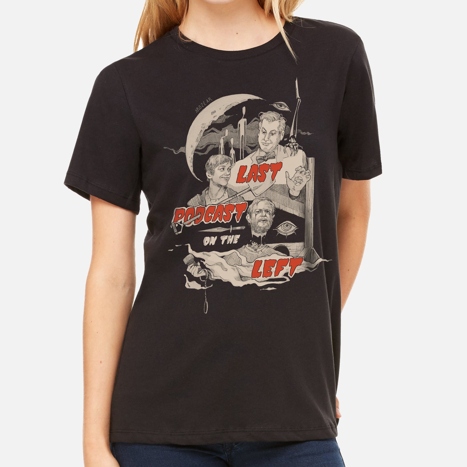 Guillotine Ladies Tee front red and white graphic on black tee