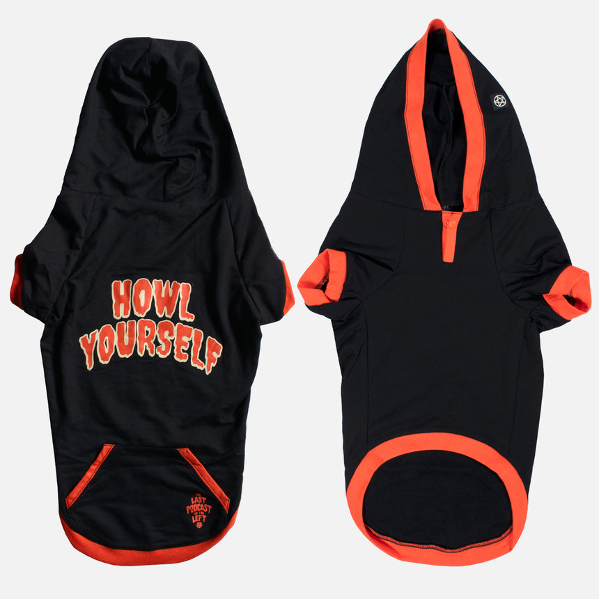 howl yourself black and orange dog hoodie on dog cash is about 35 lbs and wears an xl