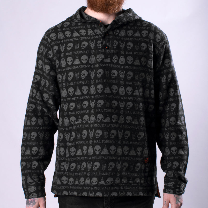 black drug rug hoodie with skull pattern in charcoal on man