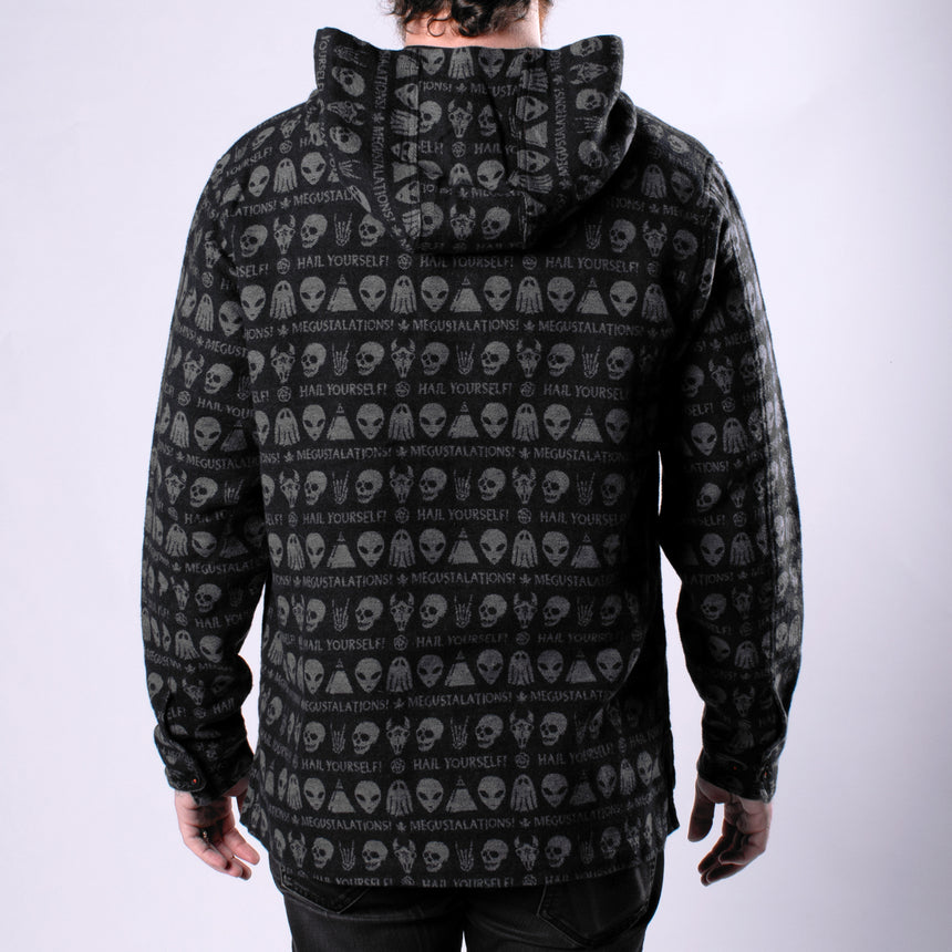 black drug rug hoodie with skull pattern in charcoal on woman