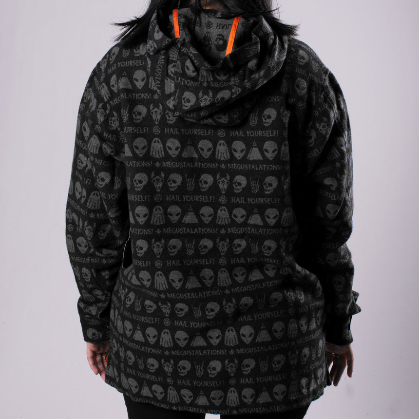 black drug rug hoodie with skull pattern in charcoal on man