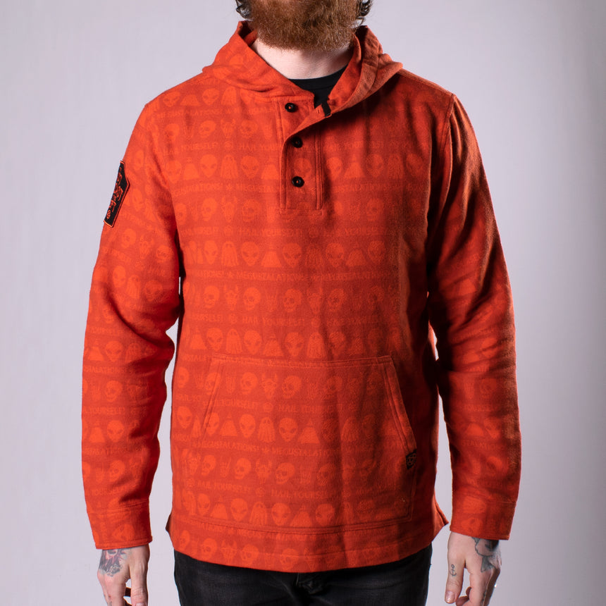 orange drug rug hoodie with skull pattern on man