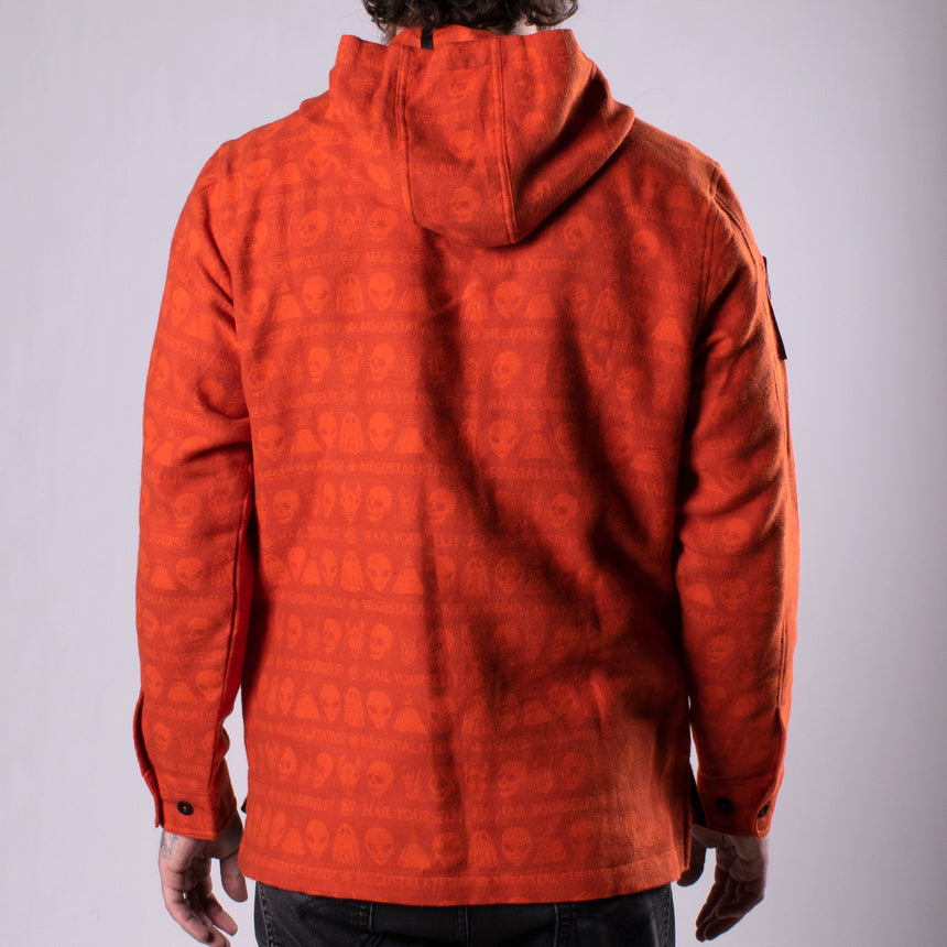 orange drug rug hoodie with skull pattern on woman