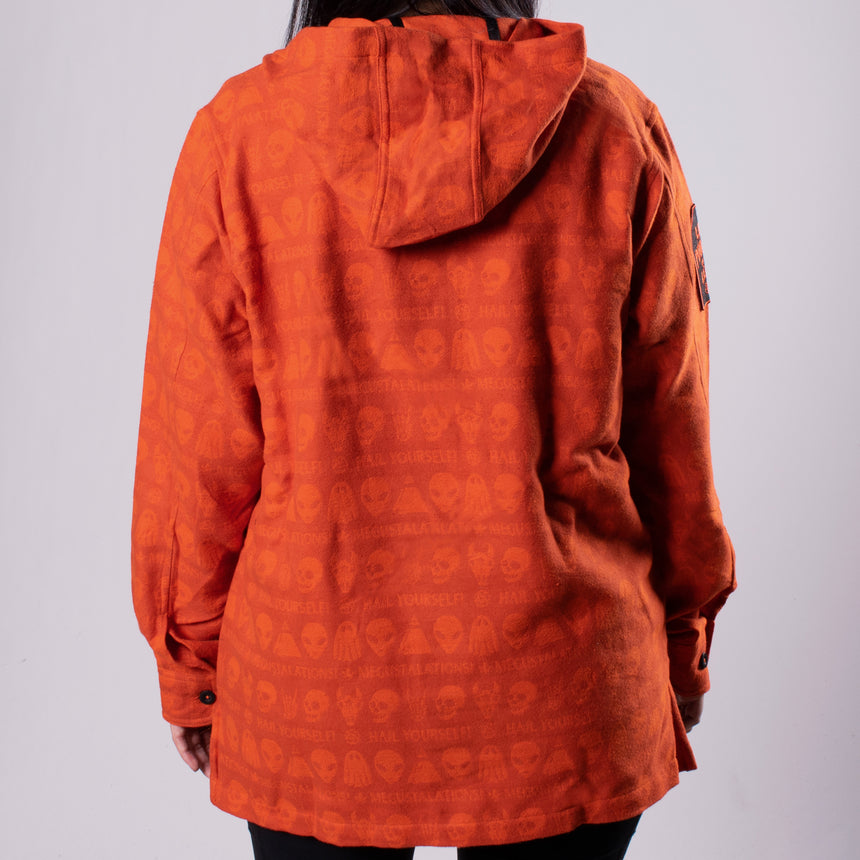 orange drug rug hoodie with skull pattern on man