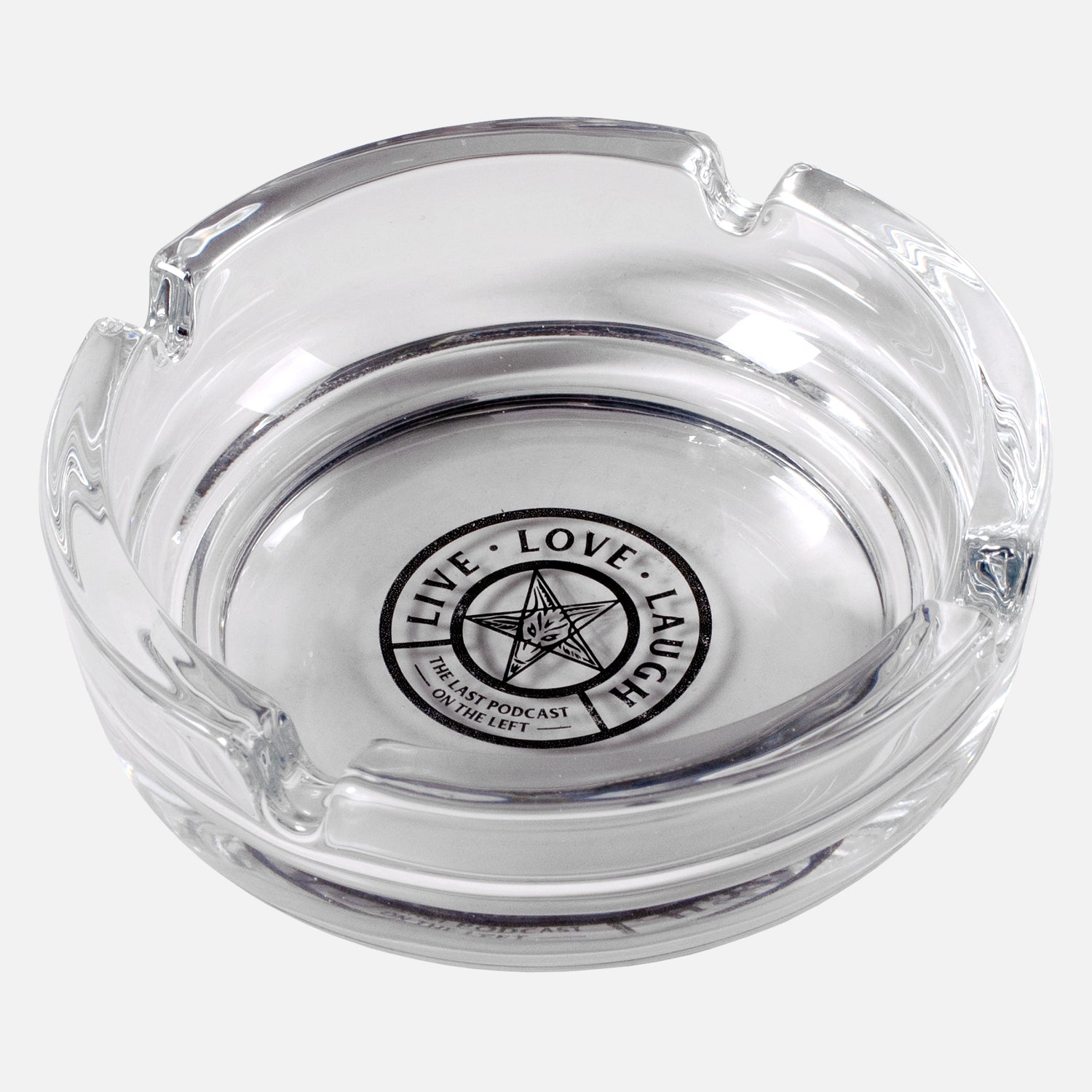 clear glass ashtray with live love laugh pentagram graphic in center
