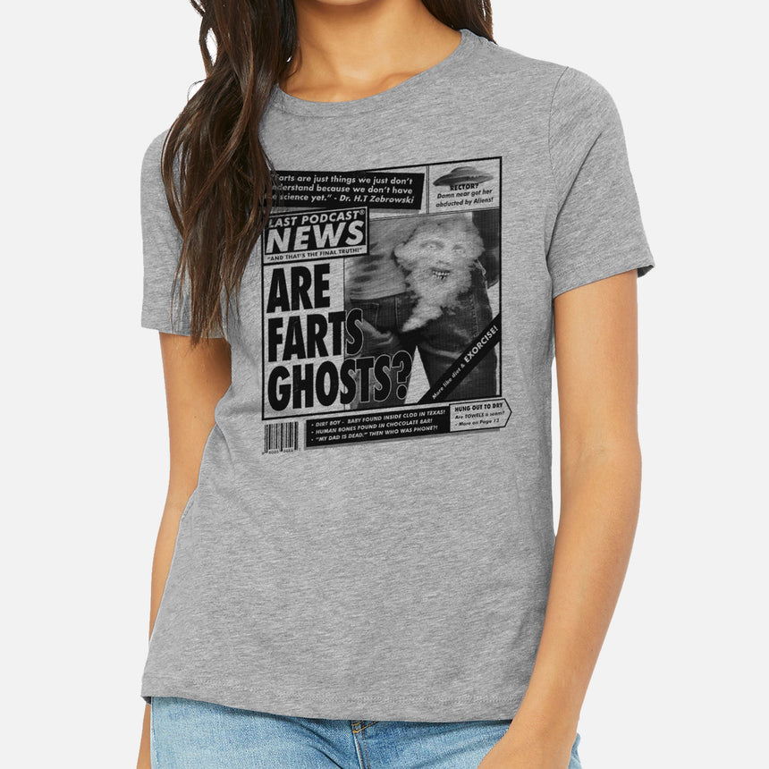 grey tee with are farts ghosts newspaper graphic