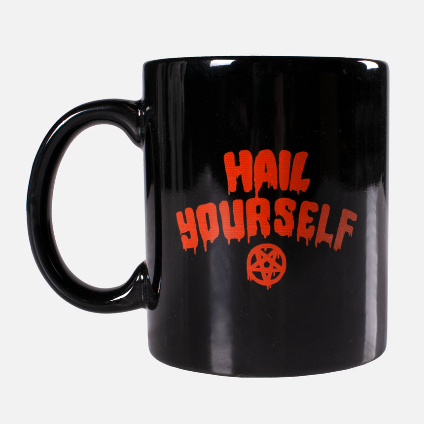 hail yourself text in orange on black coffee mug