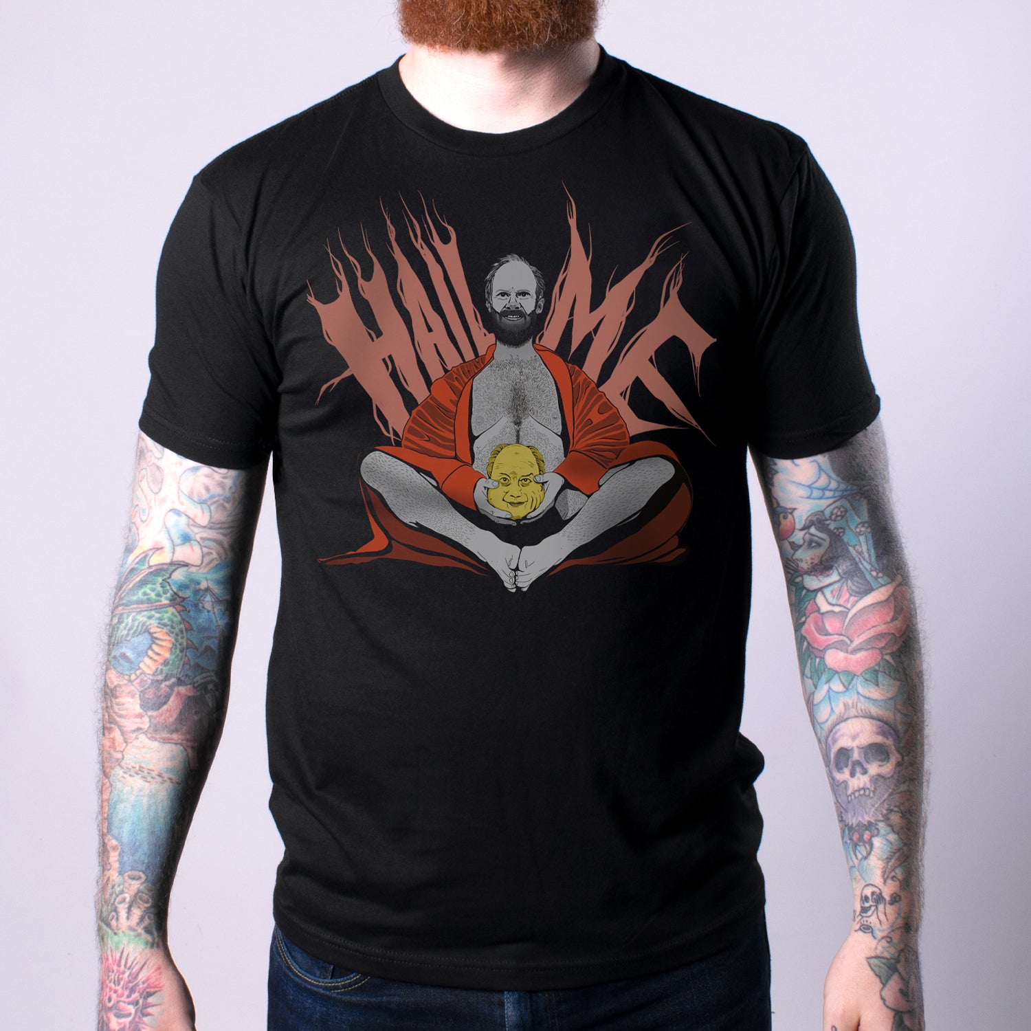 tee featuring hail me text and man sitting graphic