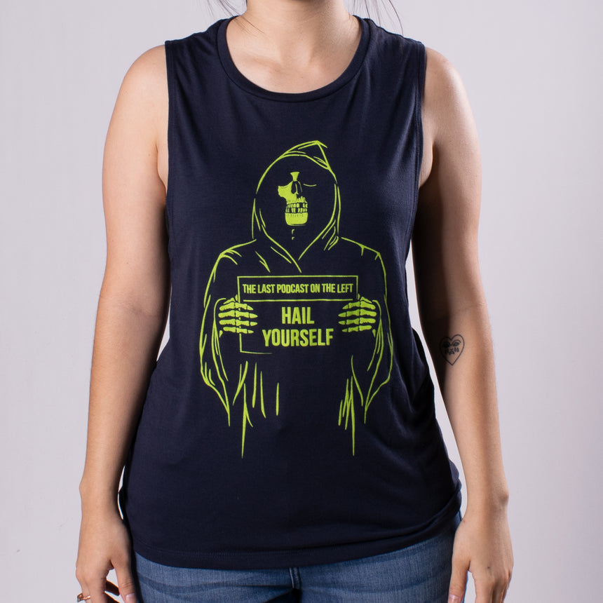 female model in reaper flowy tank. grim reaper holding sign with the last podcast on the left and hail yourself text  graphic on front