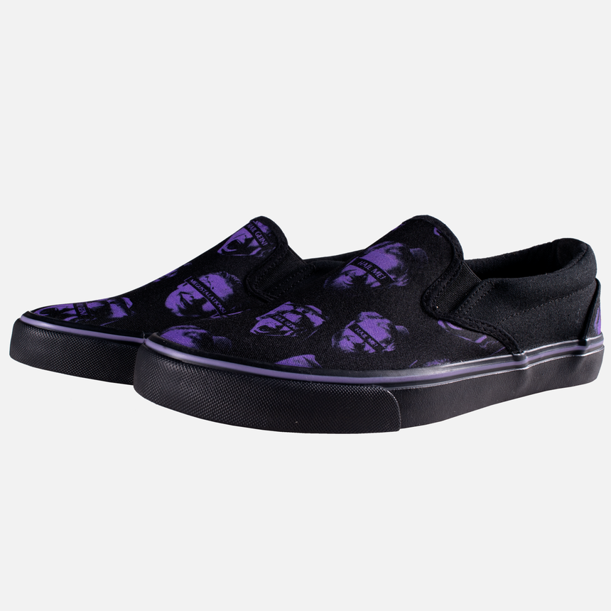 Black slip on shoes with purple LPOTL Faces Print