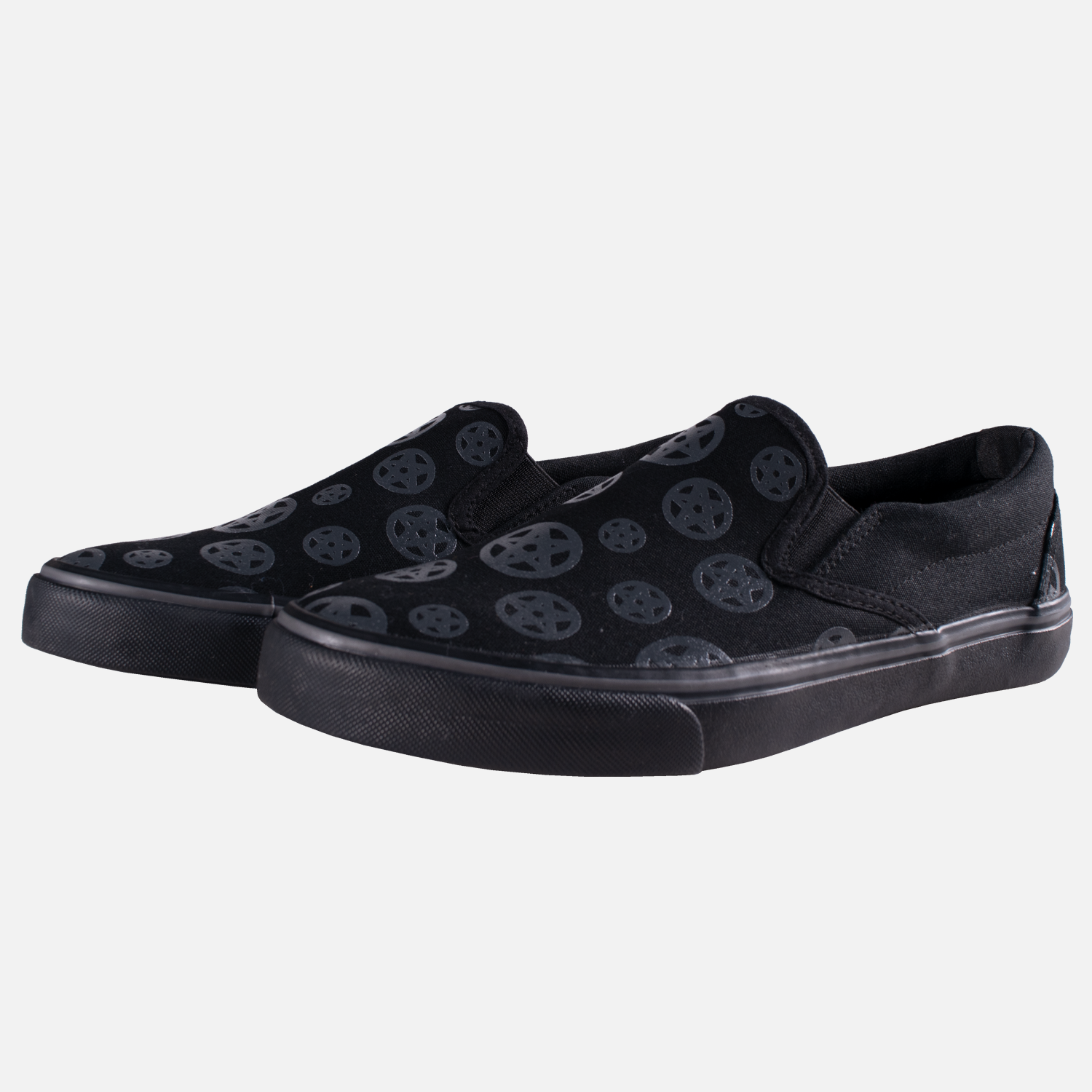 Black slip on shoe with grey pentagrams
