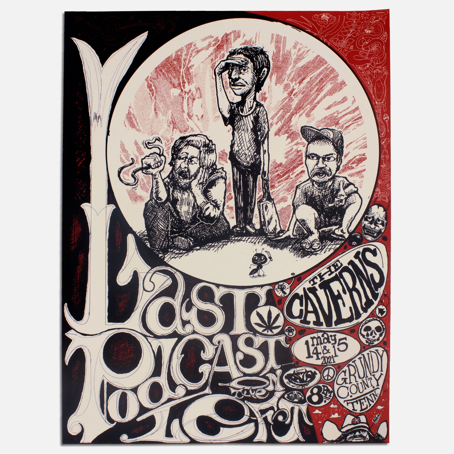 caverns poster featuring black cream and red graphic