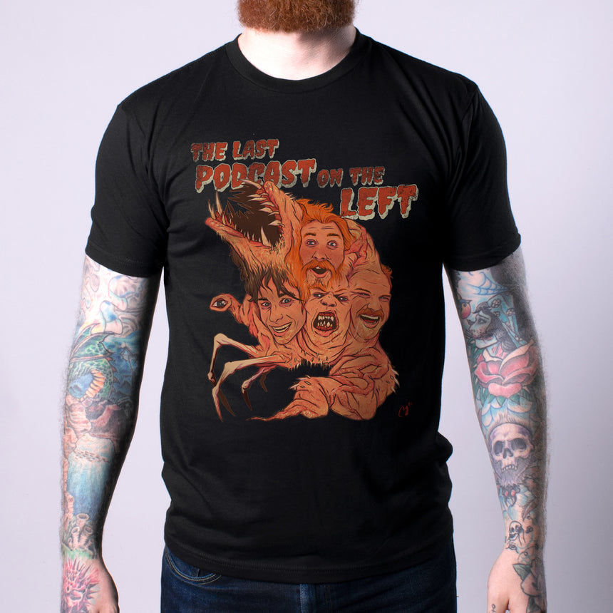 Mens assimilation tee with orange graphic with faces