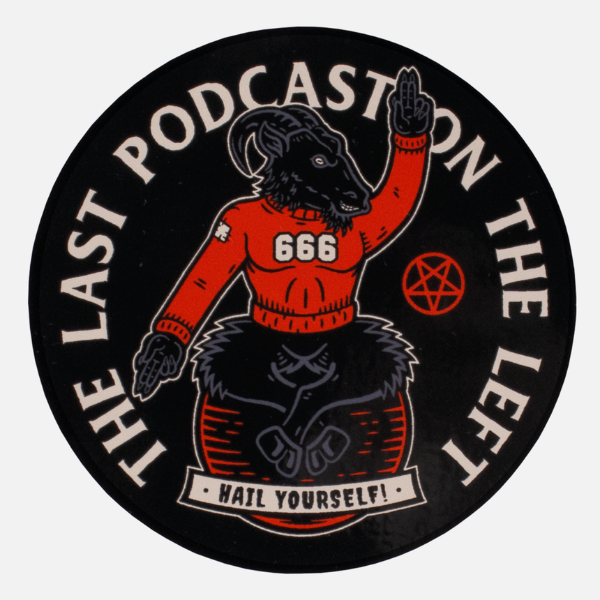 decal with goat graphic circled by the last podcast on the left text