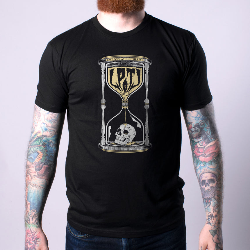 black shirt with LPOTL hourglass skull graphic